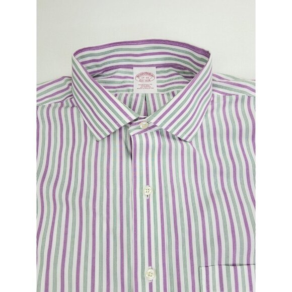 Brooks Brothers Traditional Fit Non Iron 17-33 White Plum Green Stripe Shirt - Picture 1 of 10